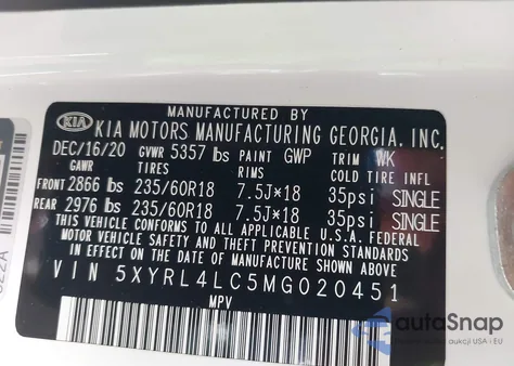 2021 Kia Sorento S из США, поврежденный, VIN 5XYRL4LC5MG020451